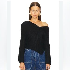 cult gaia Lea Black Off-the-Shoulder Twist Knit Sweater